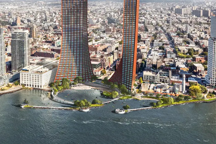 Renderings show a future beach on the East River in Williamsburg.